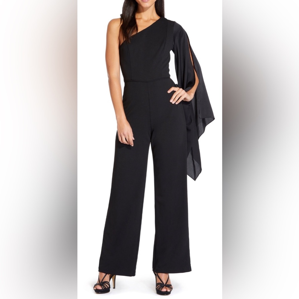 Adrianna Papell Size 8 Black 1 Arm Shoulder Long Sleeve Scarf Wide Leg J…